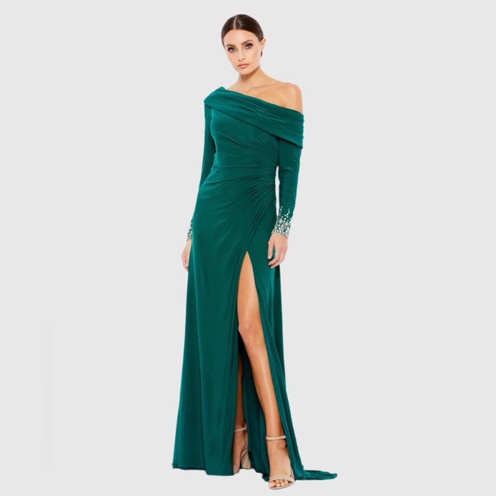 MAC DUGGAL
Green Beaded Cuff Drop Shoulder Faux Wrap Gown